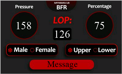 Device touchscreen showing pressure, percentage and limb occlusion pressure